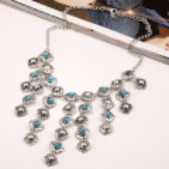 #016 Fashion Vintage Carved Gemstone Tassel Alloy Exaggerated Necklace - Picture 2 of 2